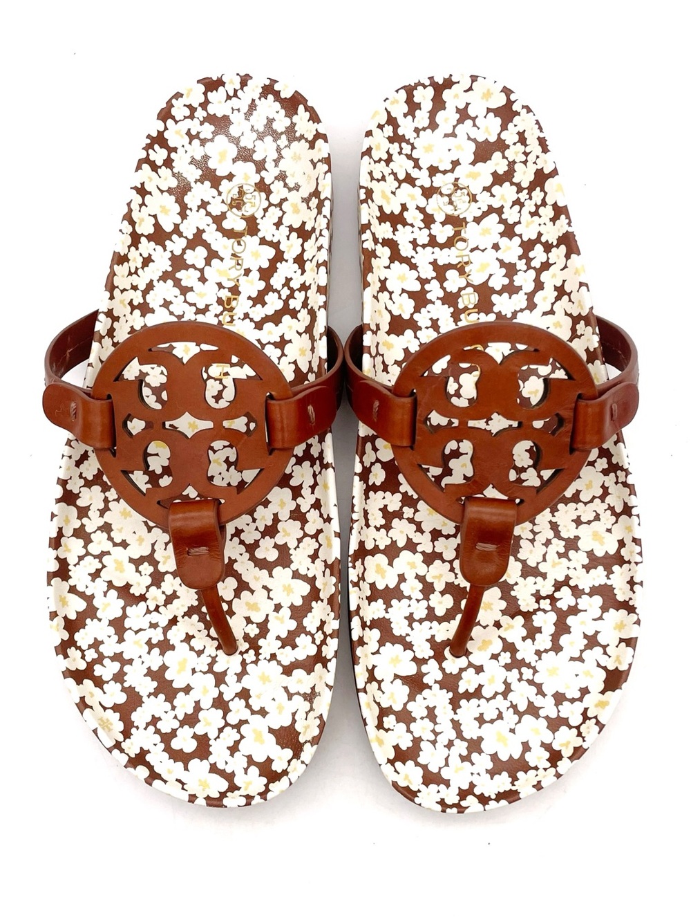 Tory Burch Miller Cloud Sandals Sz 8.5 Brown Floral Logo Leather Flip Flop Slide - Picture 16 of 16